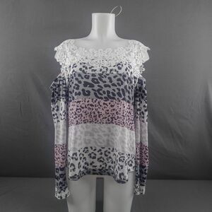 SheIn Womens Top Plus 1XL Pink Gray Cheetah Leopard Coquette‎ Lace Everyday Knit